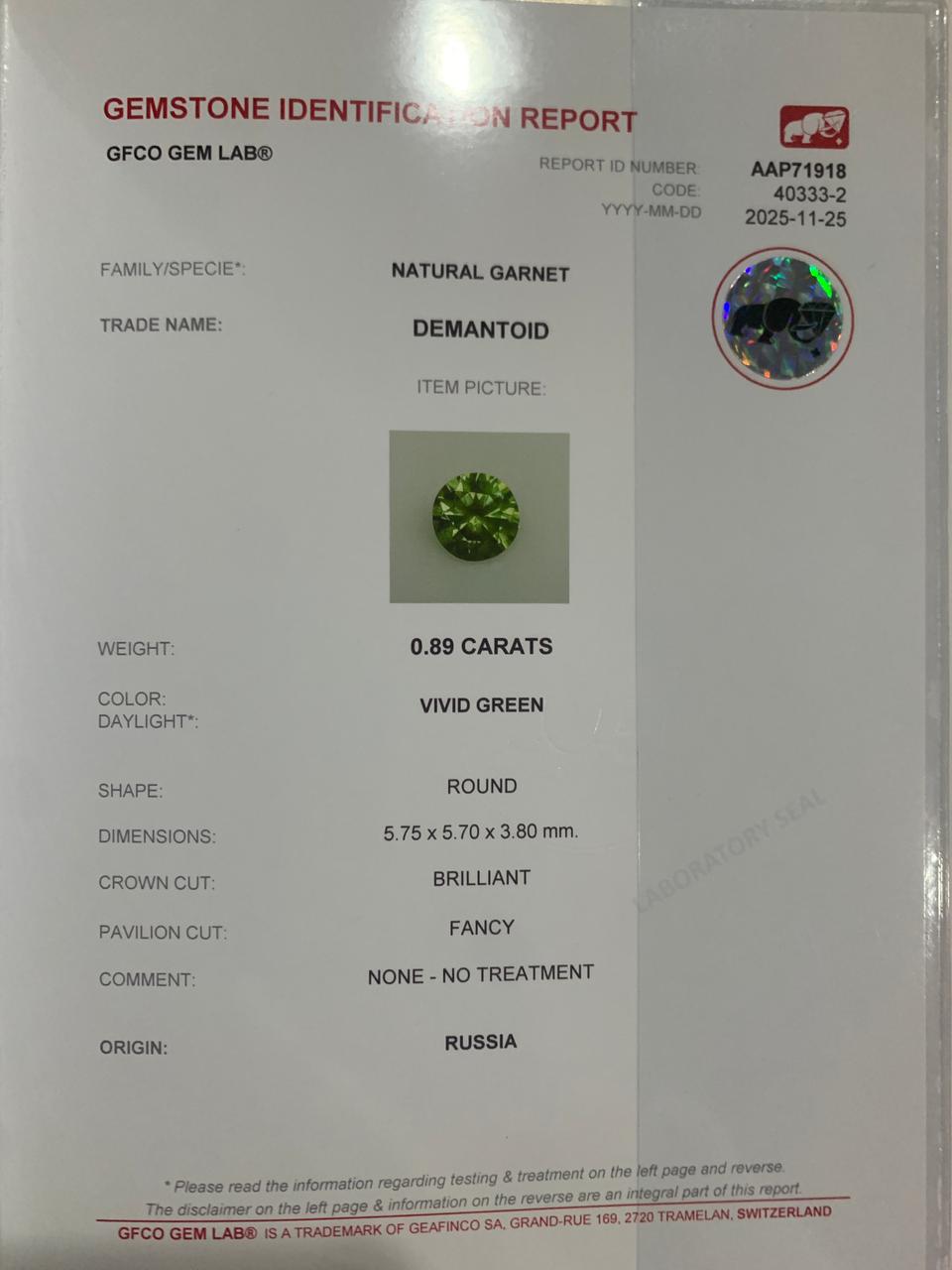 0.88 ct, Faceted Russian demantoid garnet