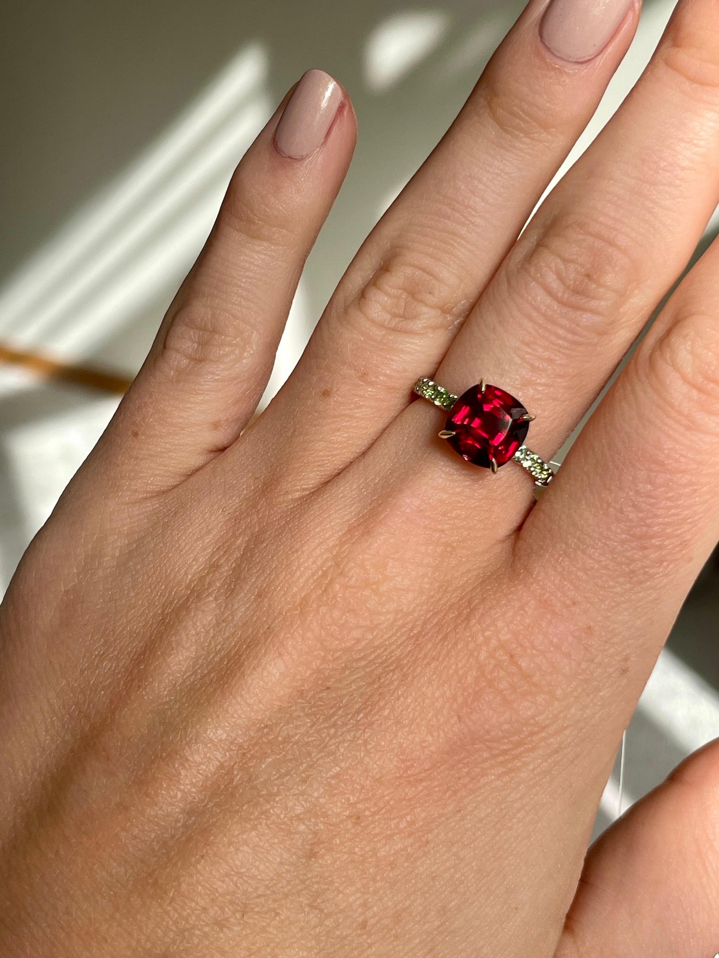 Faceted red garnet demantoid band golden ring