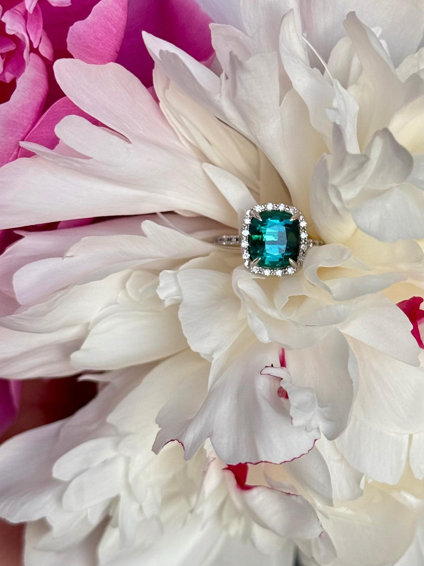 Bluish green faceted tourmaline diamond golden ring