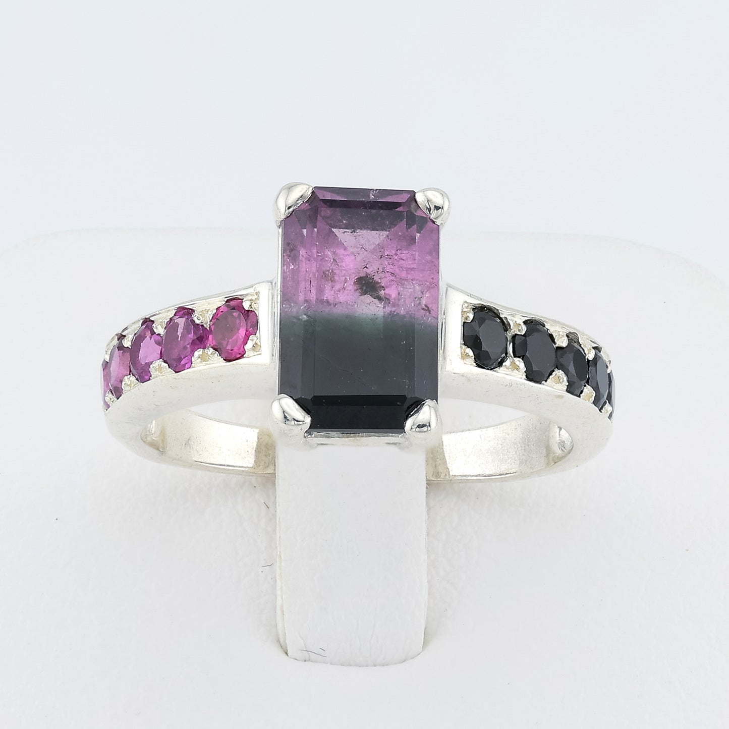 Bi-color black pink tourmaline silver ring