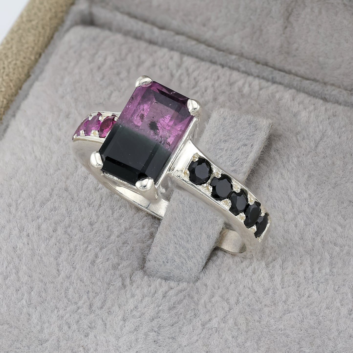 Bi-color black pink tourmaline silver ring