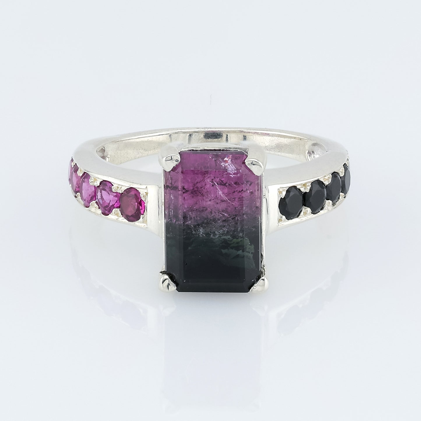 Bi-color black pink tourmaline silver ring 8 size