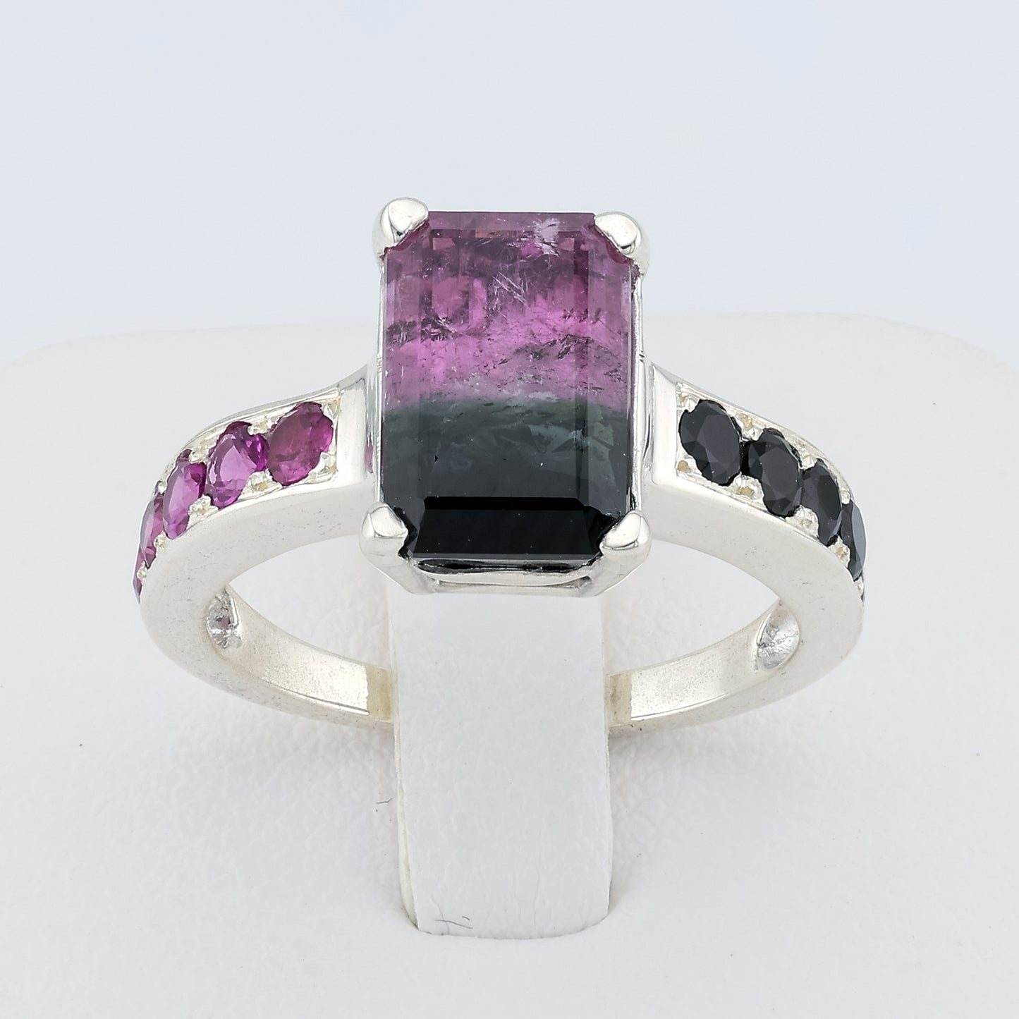 Bi-color black pink tourmaline silver ring 8 size