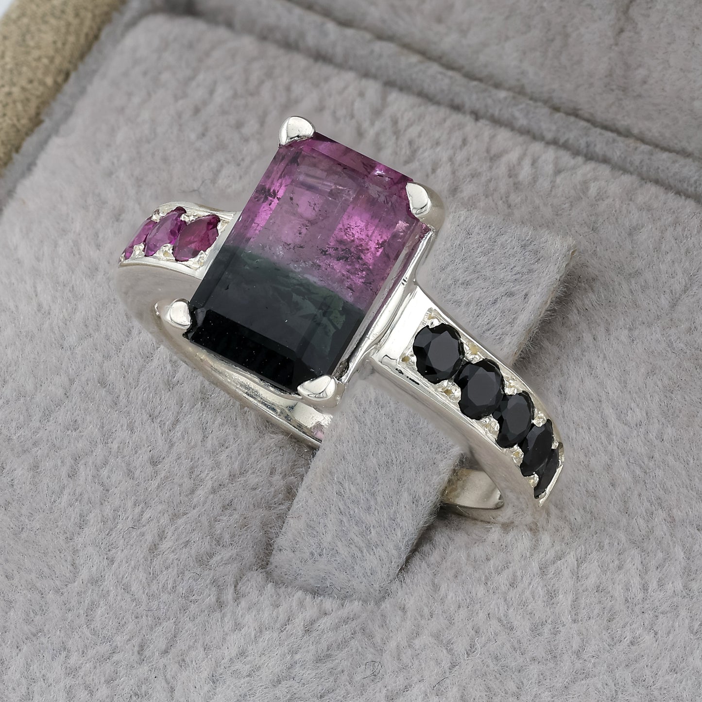 Bi-color black pink tourmaline silver ring 8 size
