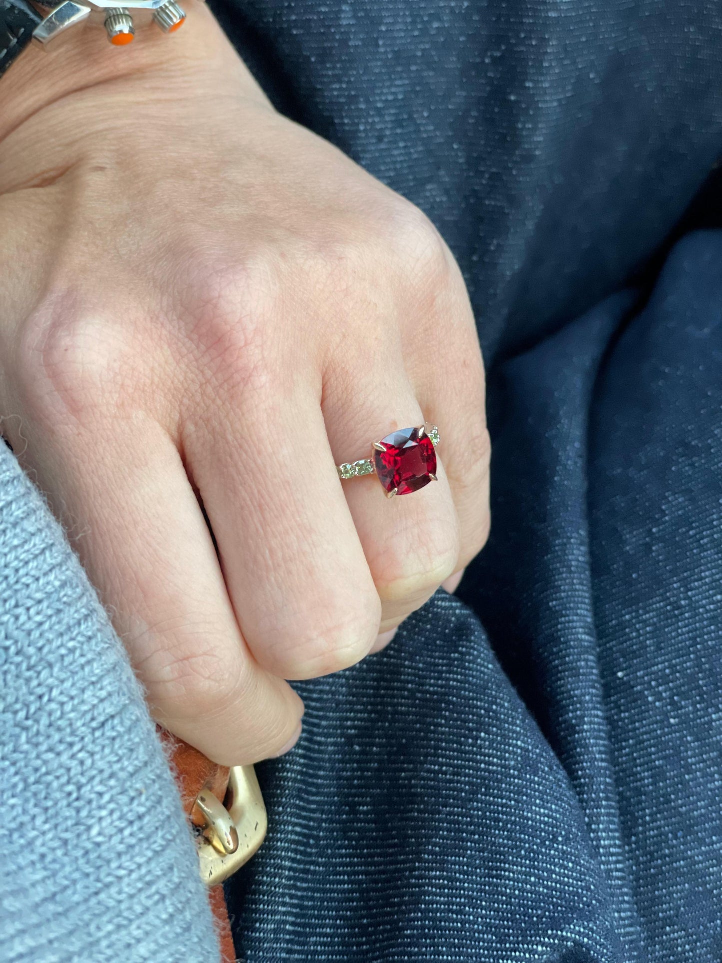 Faceted red garnet demantoid band golden ring