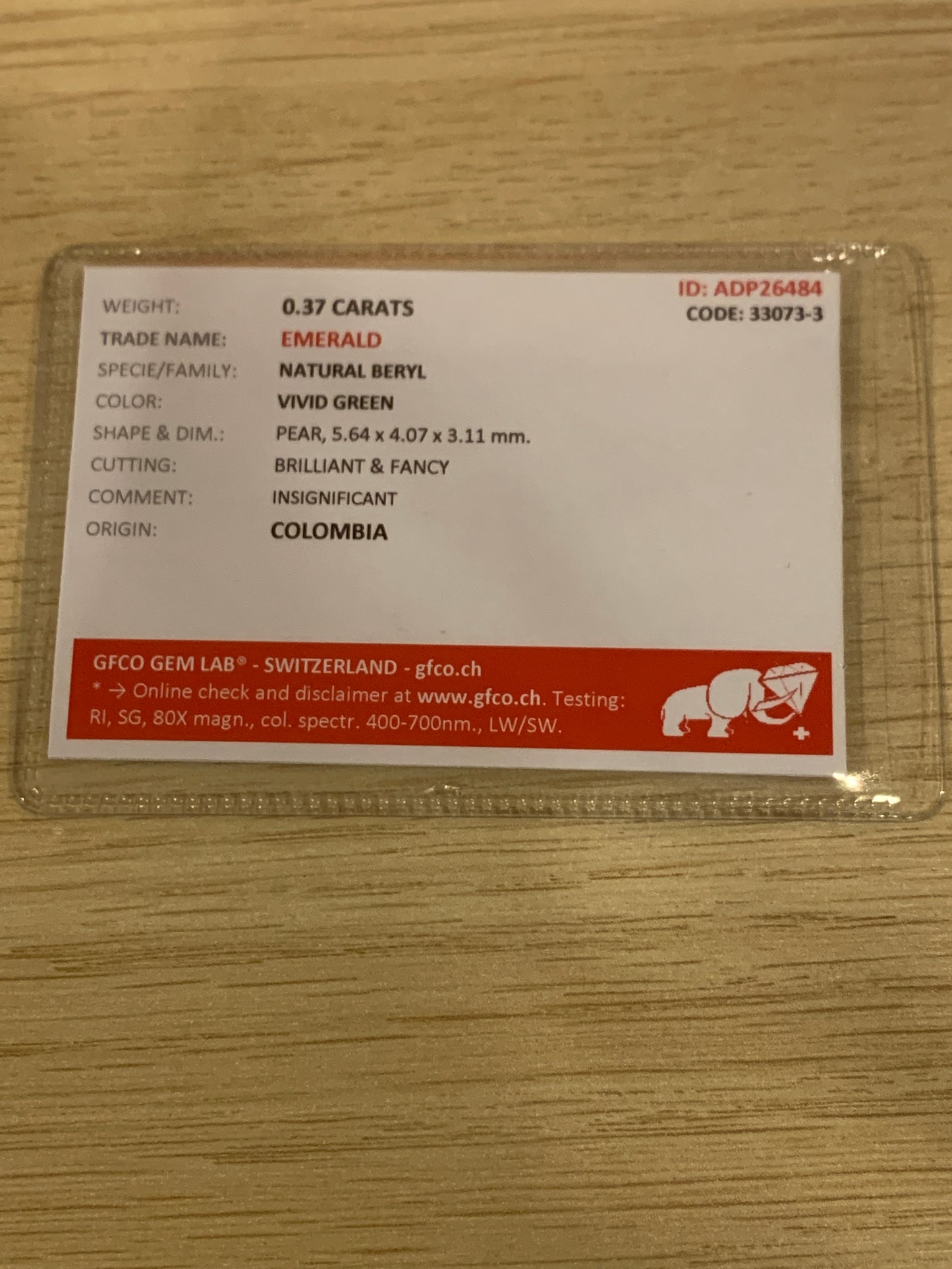 0.37 ct Certified faceted pear shape colombian emerald