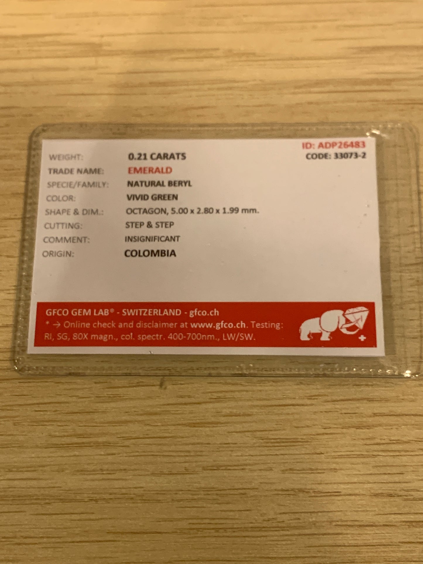 0.21 ct Certified vivid green faceted octagon emerald