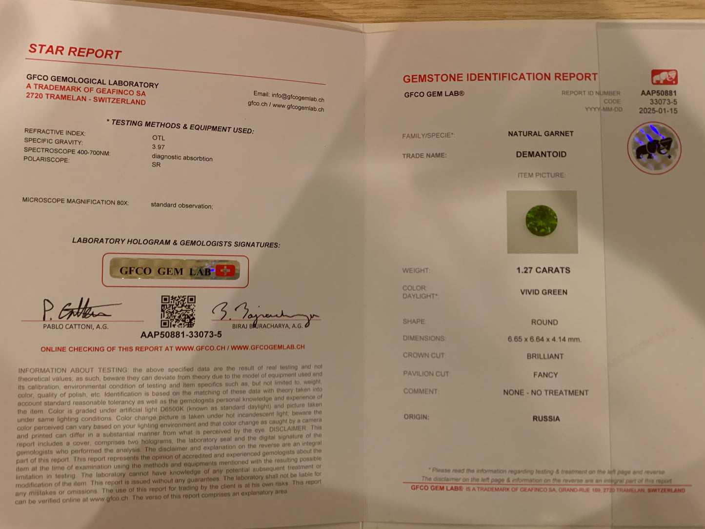 Certified 1.19 cts vivid green demantoid garnet