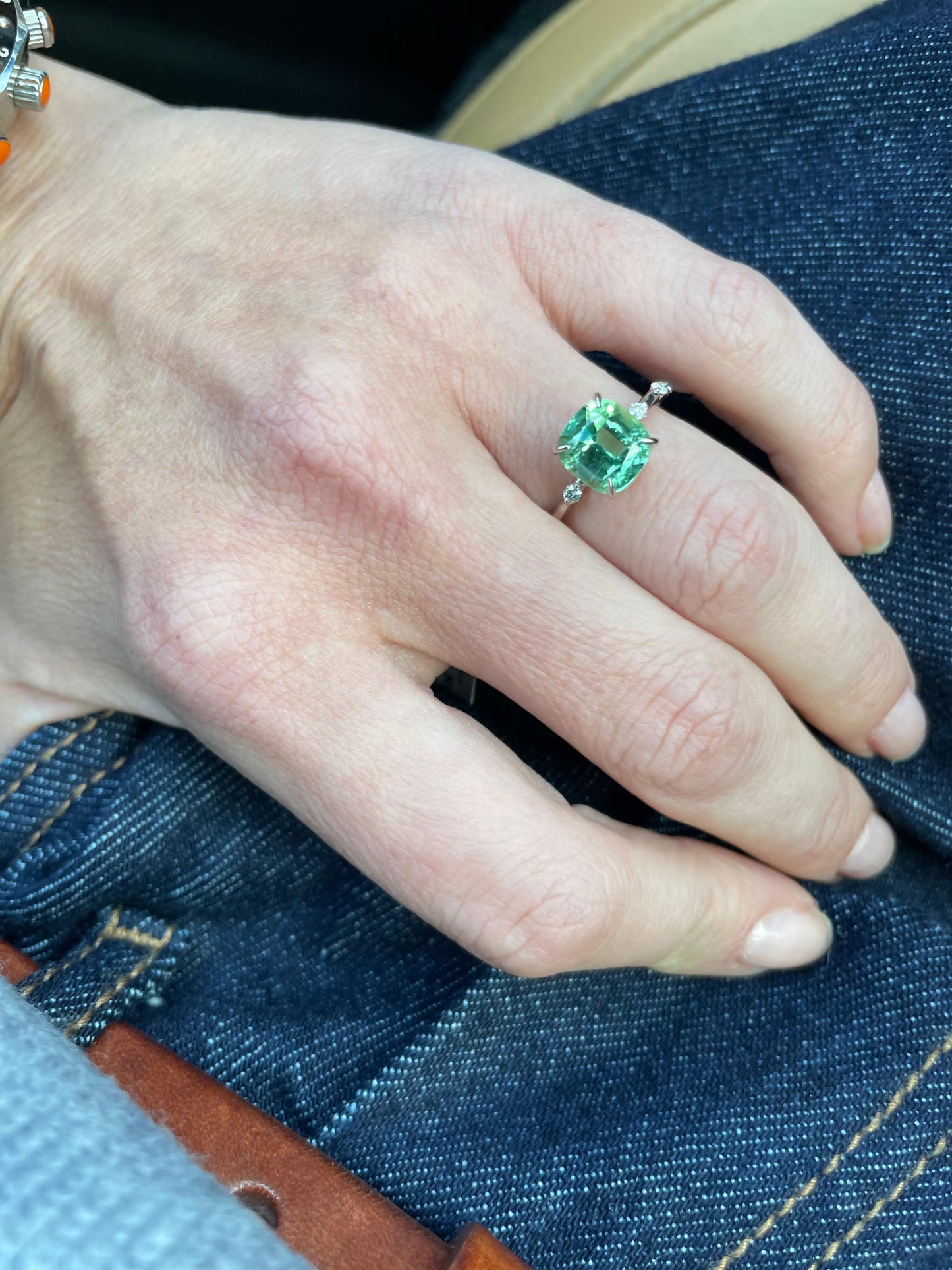 Faceted mint tourmaline diamond band golden ring