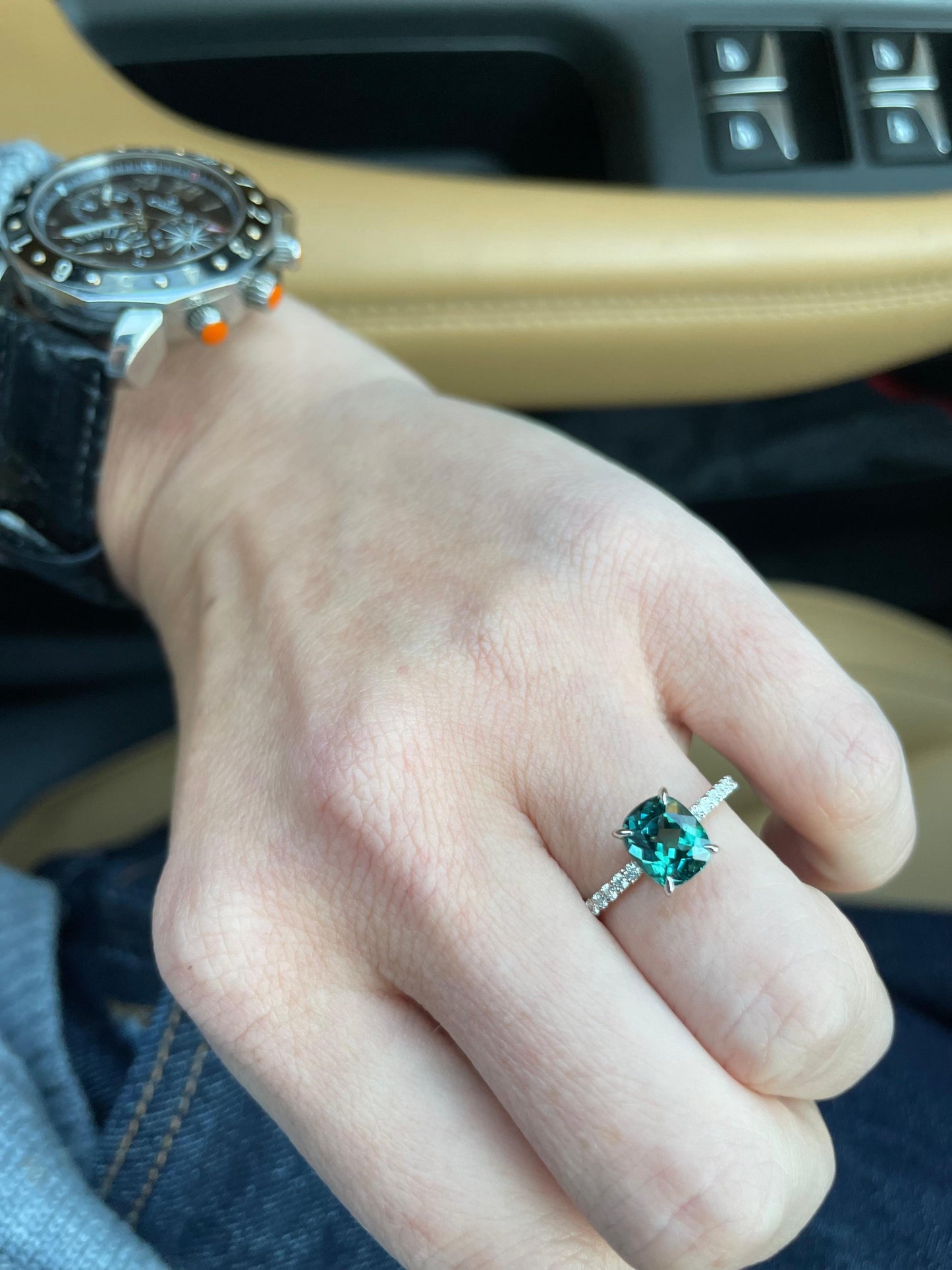 Faceted blue lagoon tourmaline diamond band golden ring