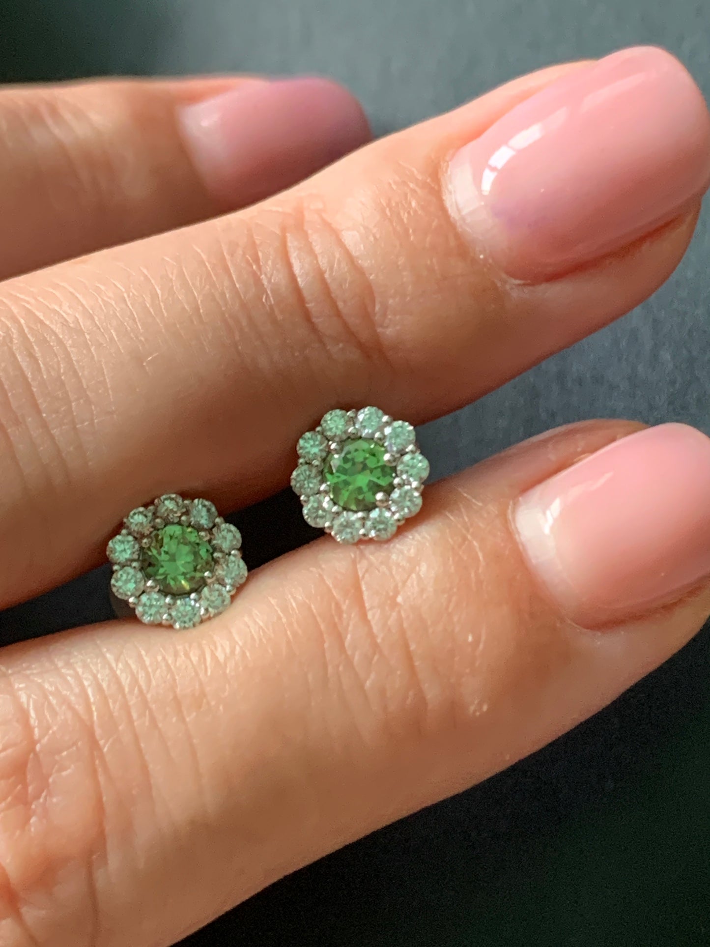 Faceted demantoid garnet white gold with diamonds stud earrings