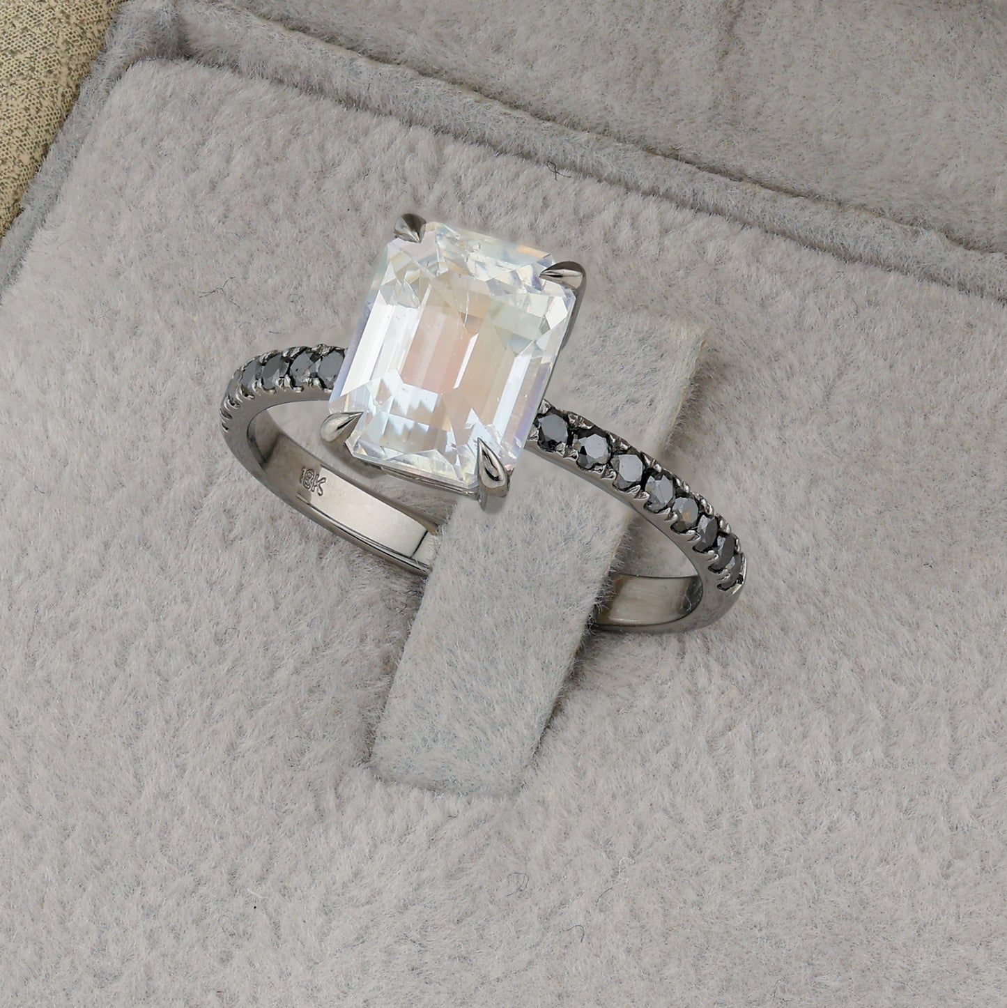Faceted moonstone black diamonds golden ring