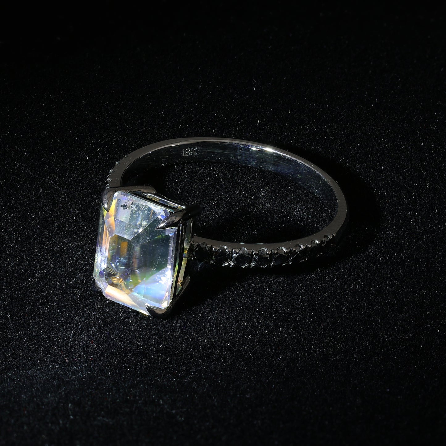 Faceted moonstone black diamonds golden ring