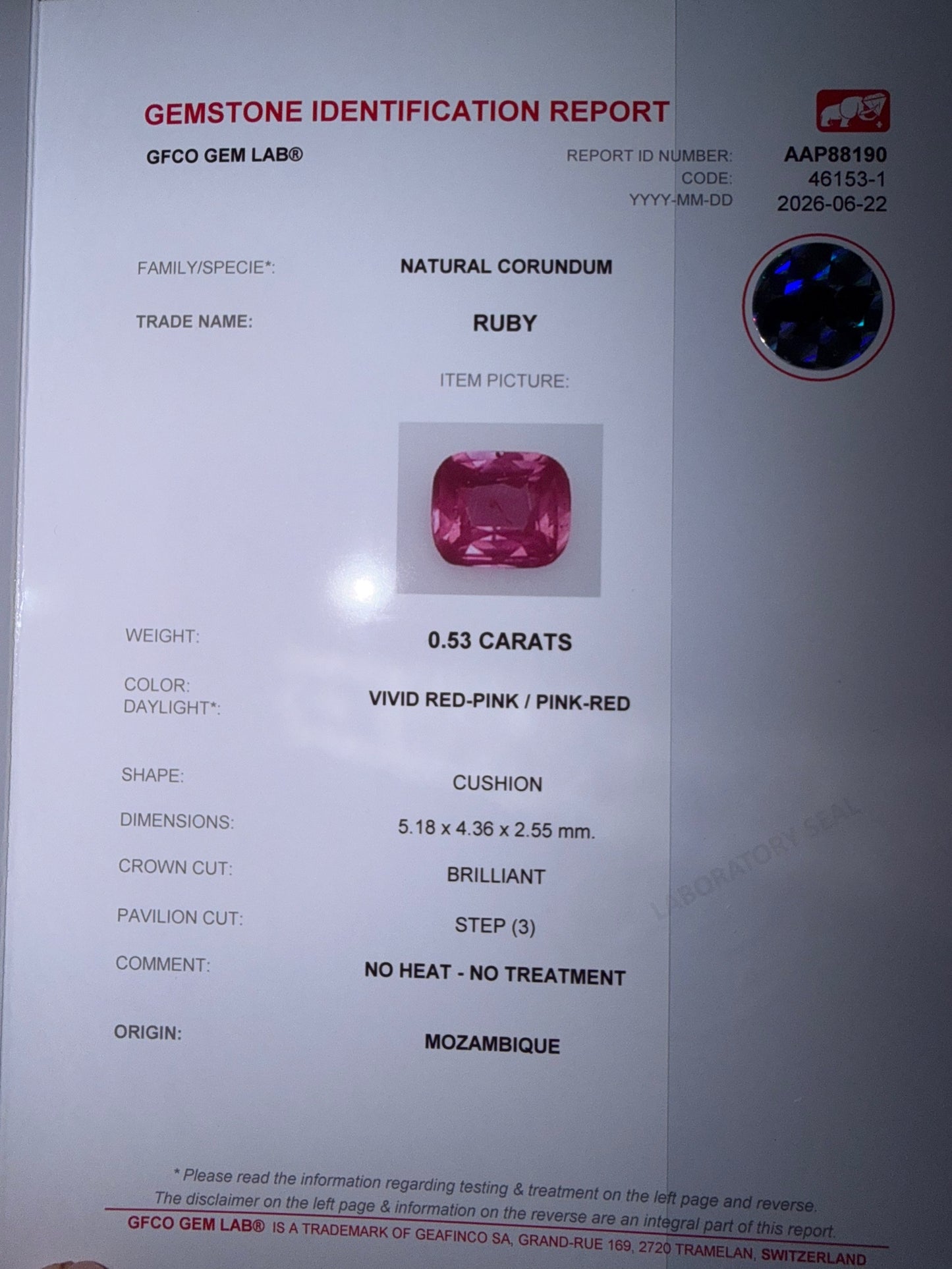 0.53 сt, Vivid red-pink unheated ruby