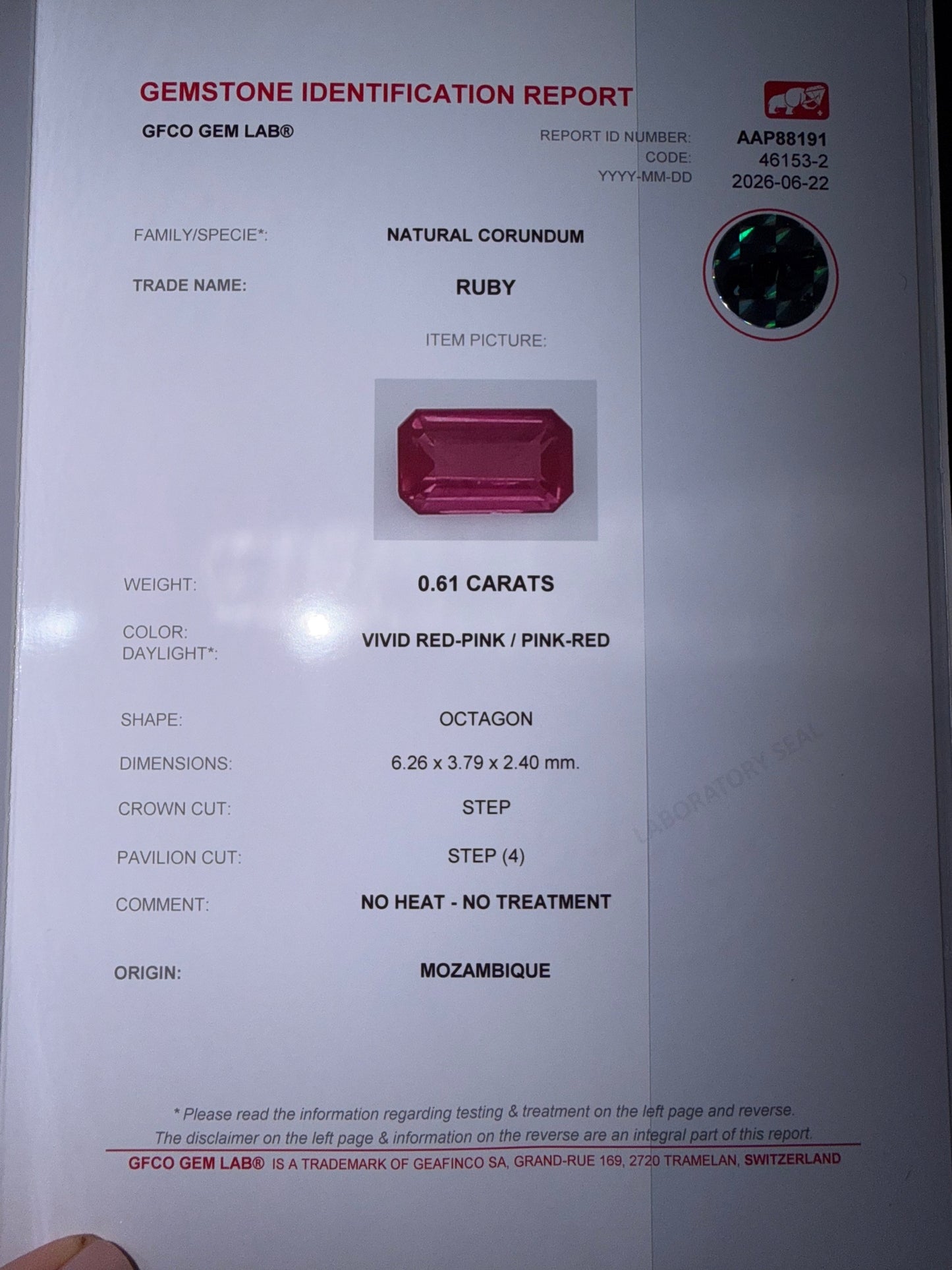 0.61 сt, Vivid red-pink unheated ruby