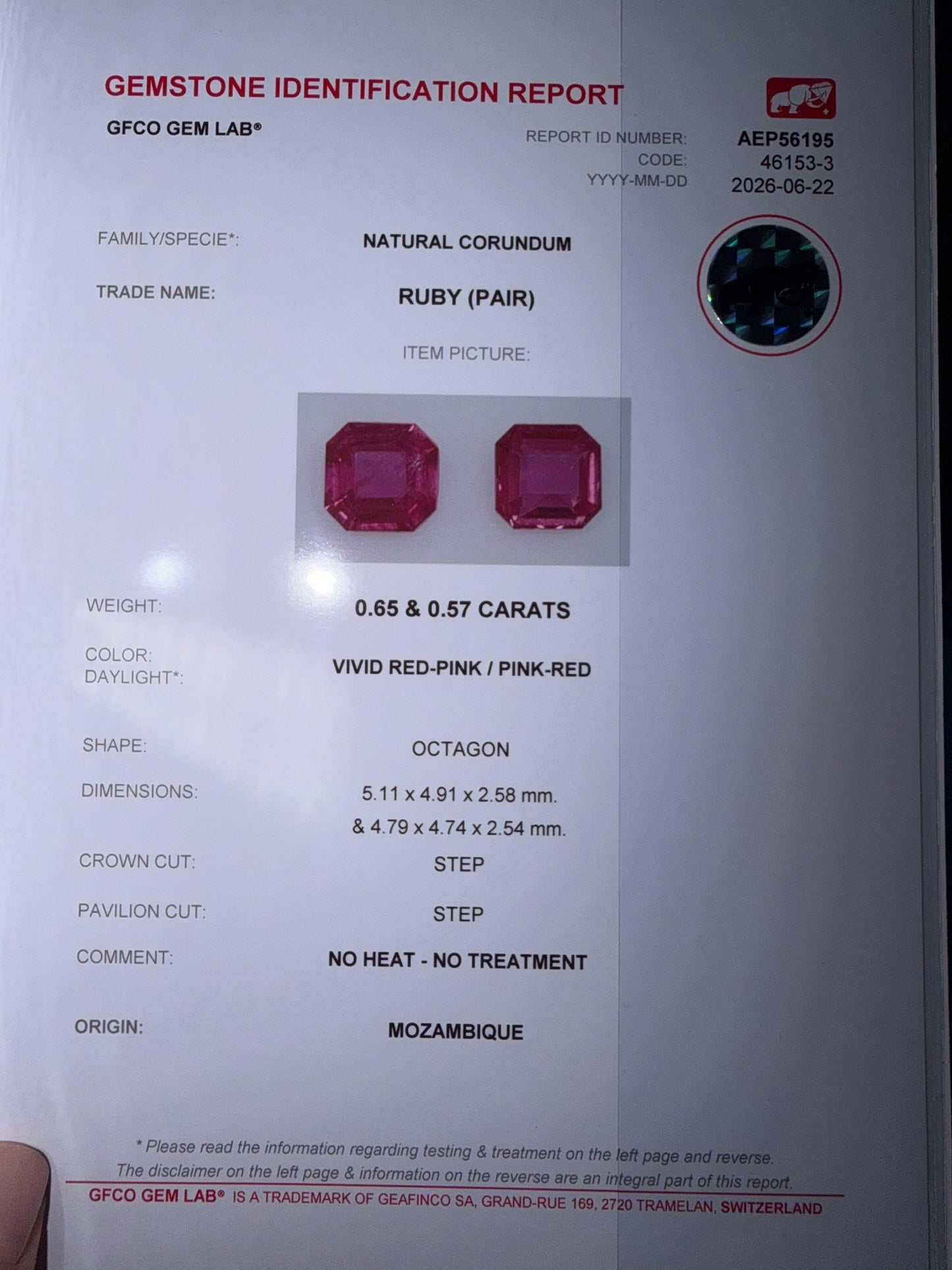 1.22 сts, Vivid red-pink unheated ruby