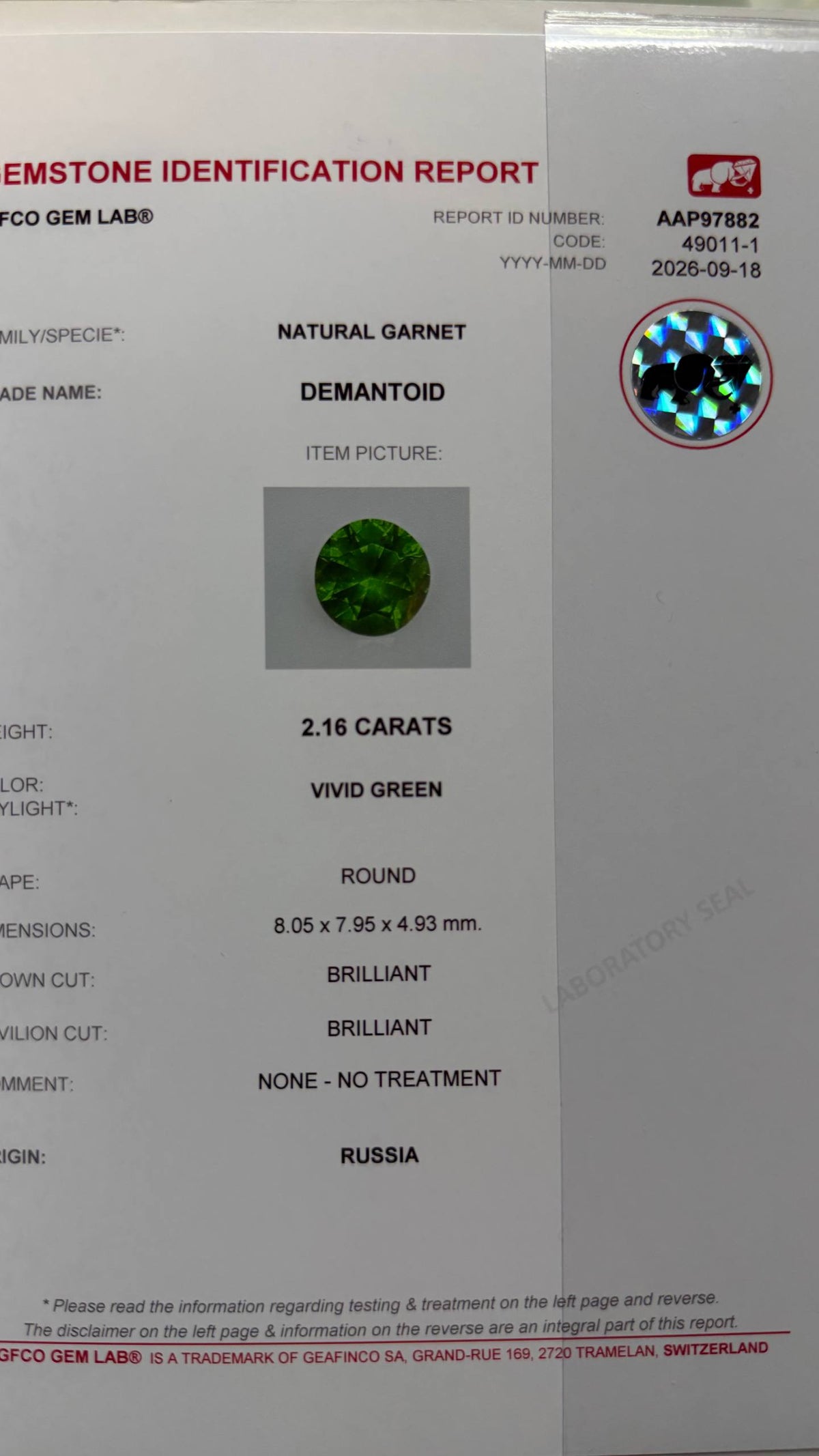 2.16 CTs, Vivid green faceted Russian demantoid garnet