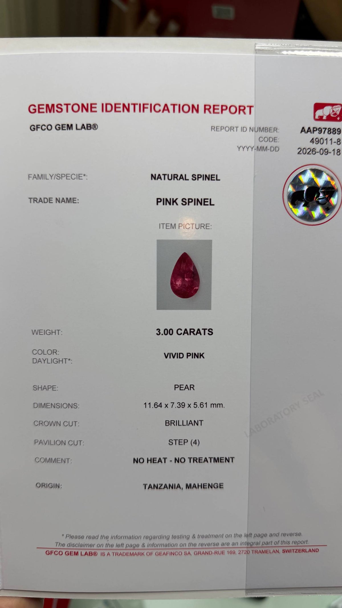 3 CTs, Vivid pink Mahenge spinel pear shape