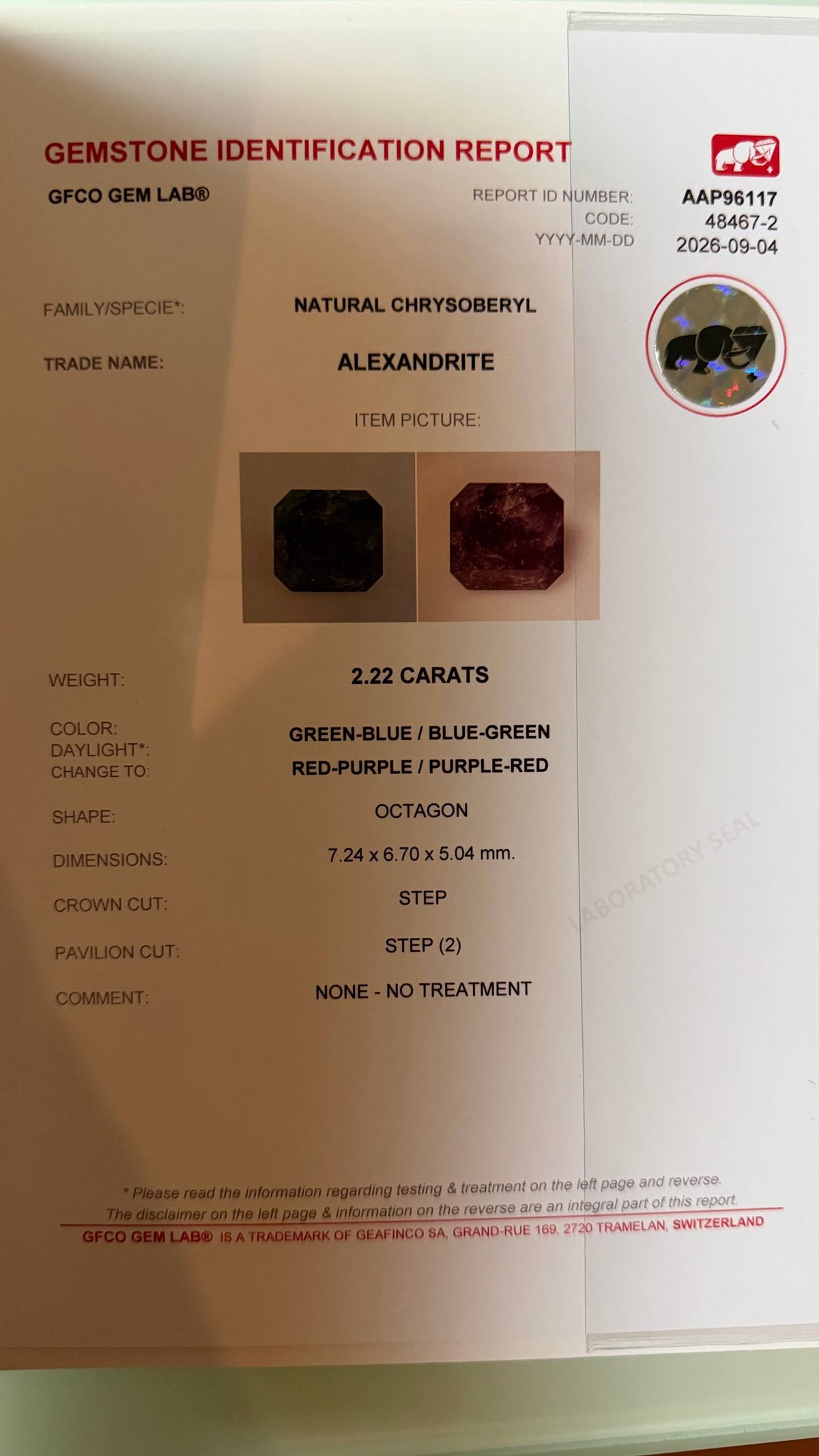 2.22 CTs, Certified Faceted Russian alexandrite