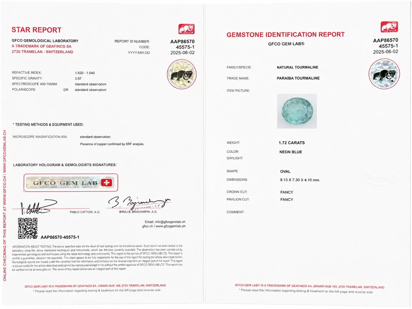 1.71 ct, Certified faceted Paraiba tourmaline