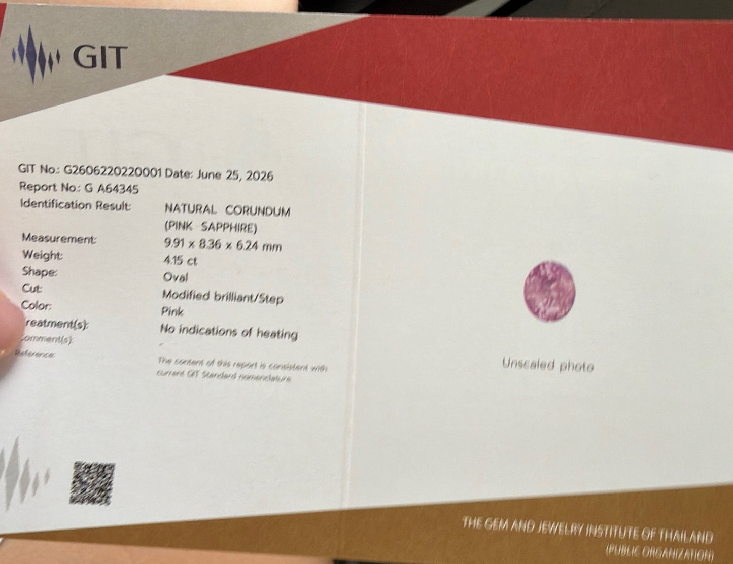 Untreated pink sapphire with opalescence, 4.14 cts