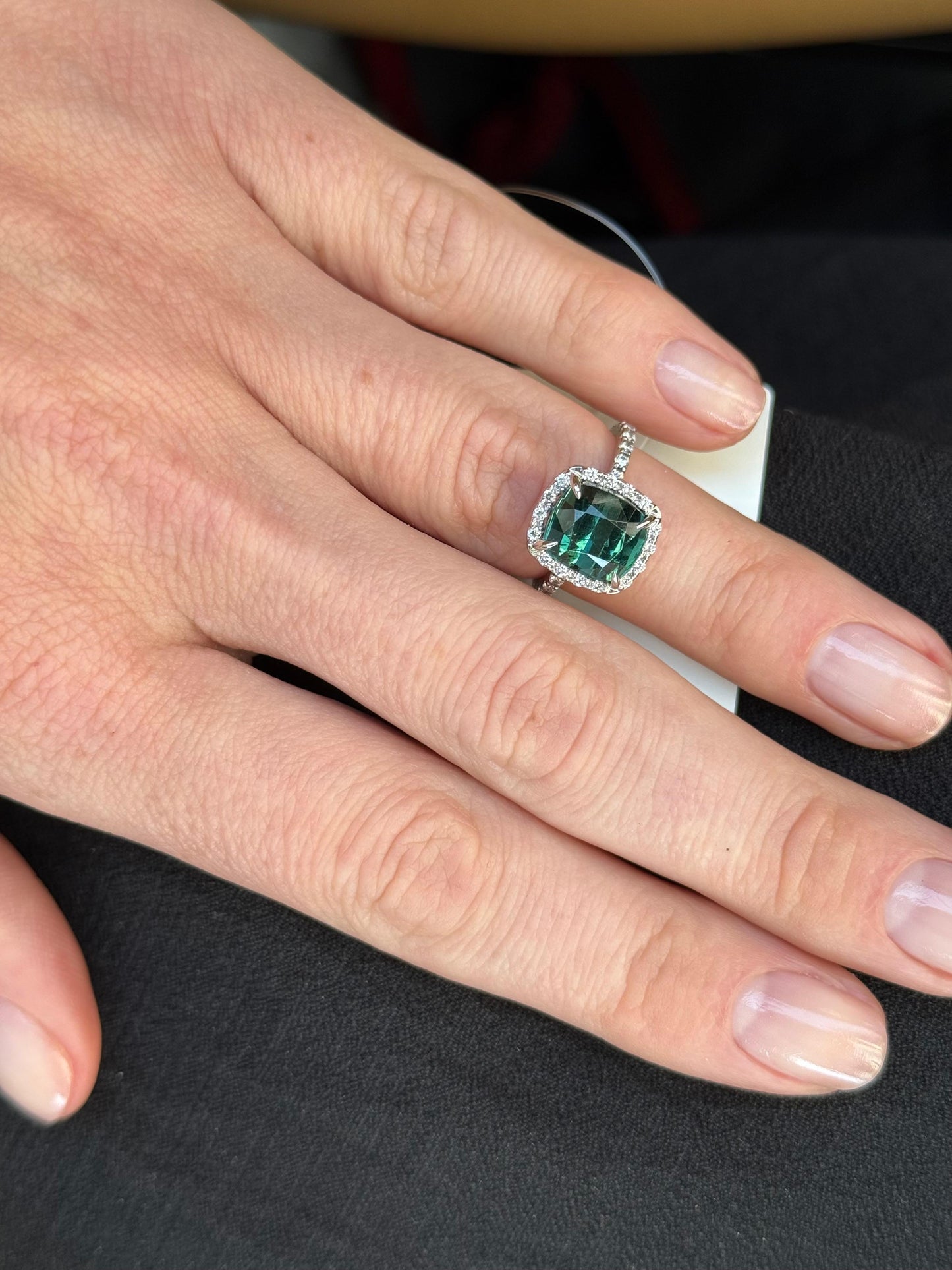 Bluish green faceted tourmaline diamond golden ring
