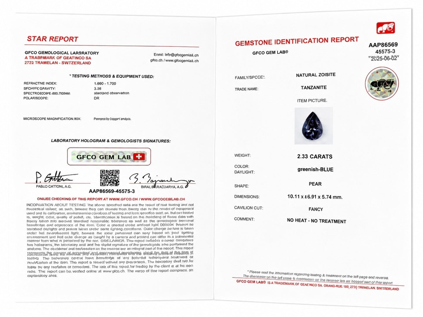 2.34 cts, Certified faceted unheated tanzanite