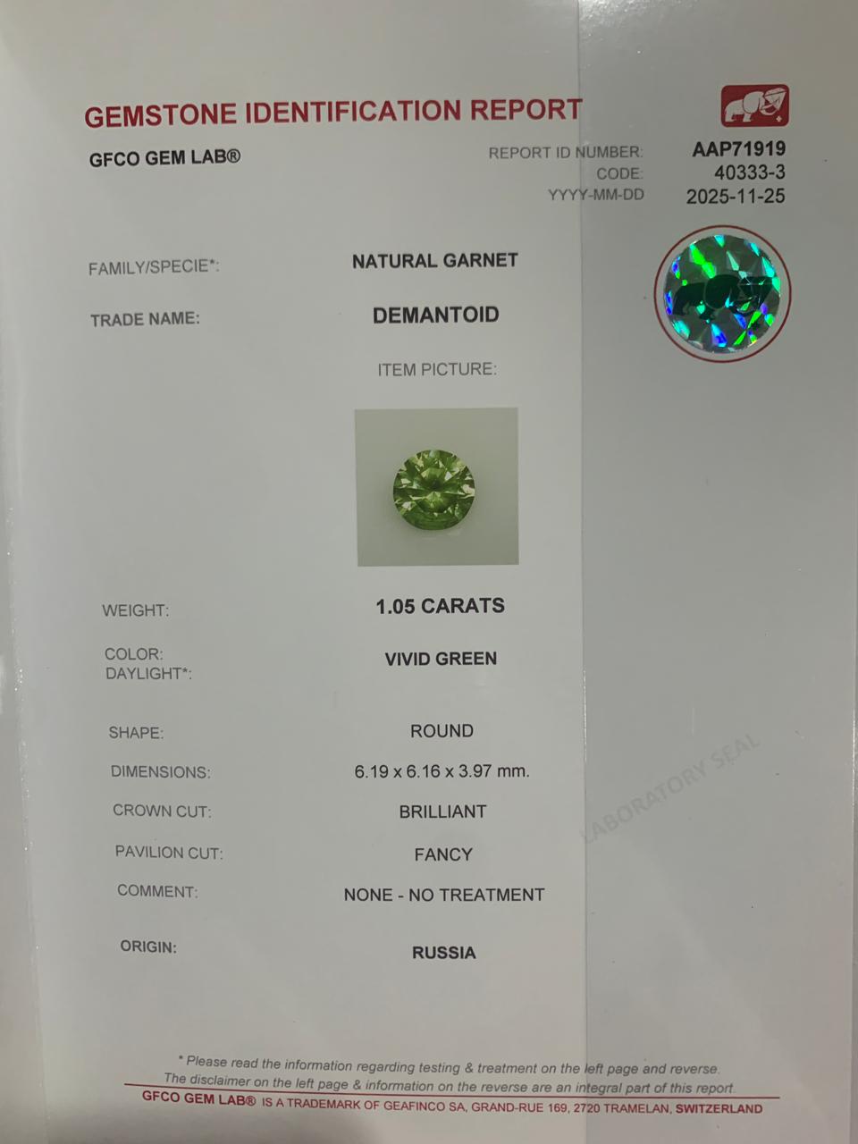 1.06 cts, Faceted Russian demantoid green garnet