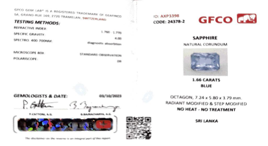 Natural unheated sapphire 1.66 ct