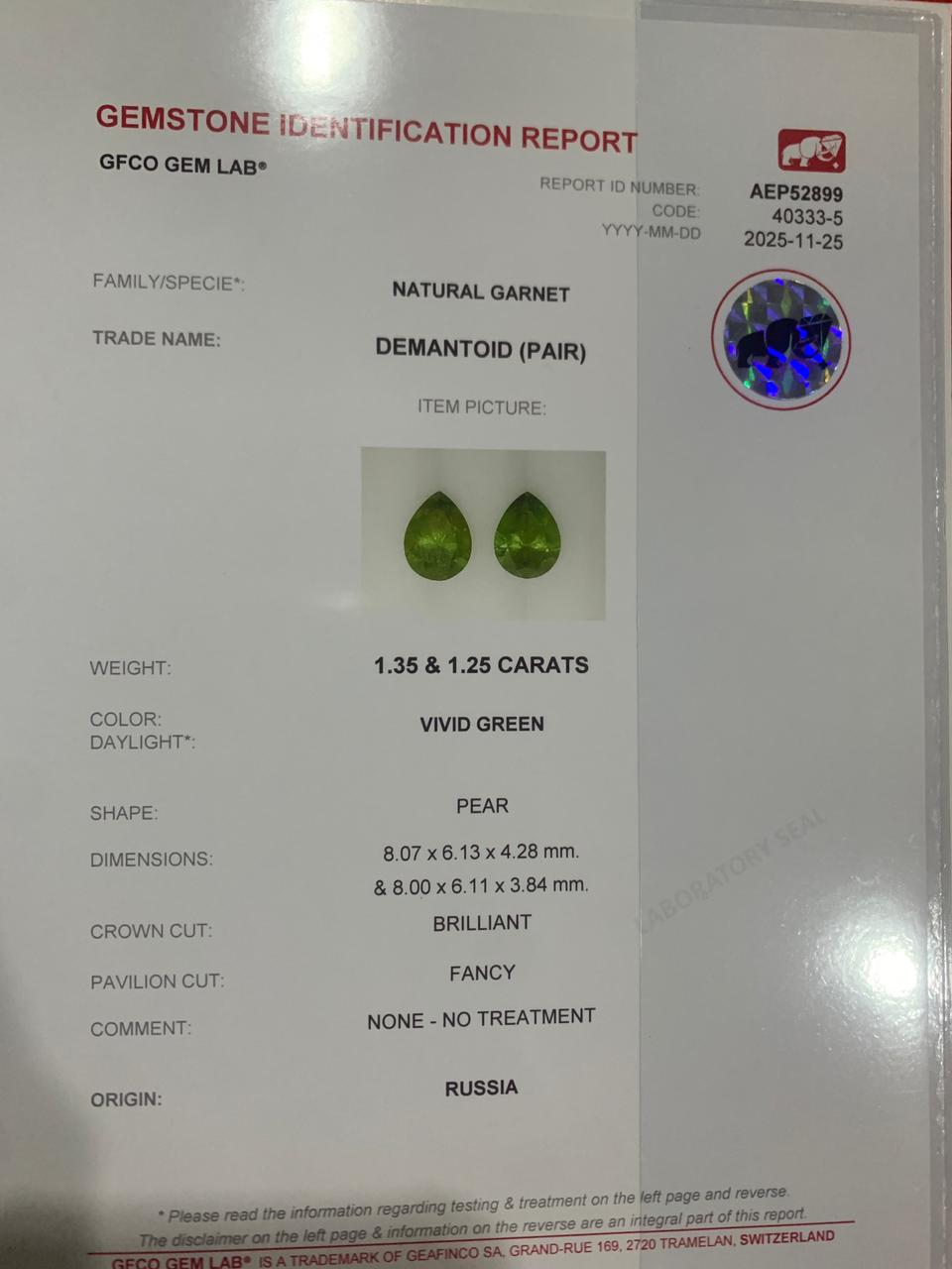 2.6 cts, Rare faceted Russian demantoid garnet pear shape