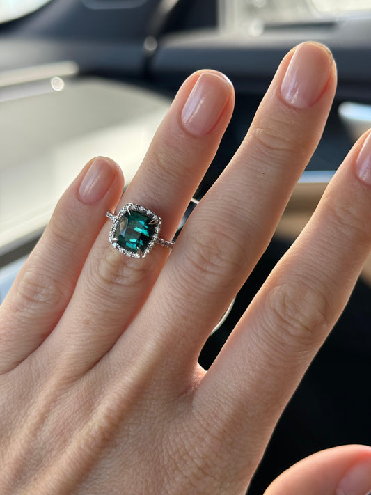 Bluish green faceted  tourmaline diamond golden ring