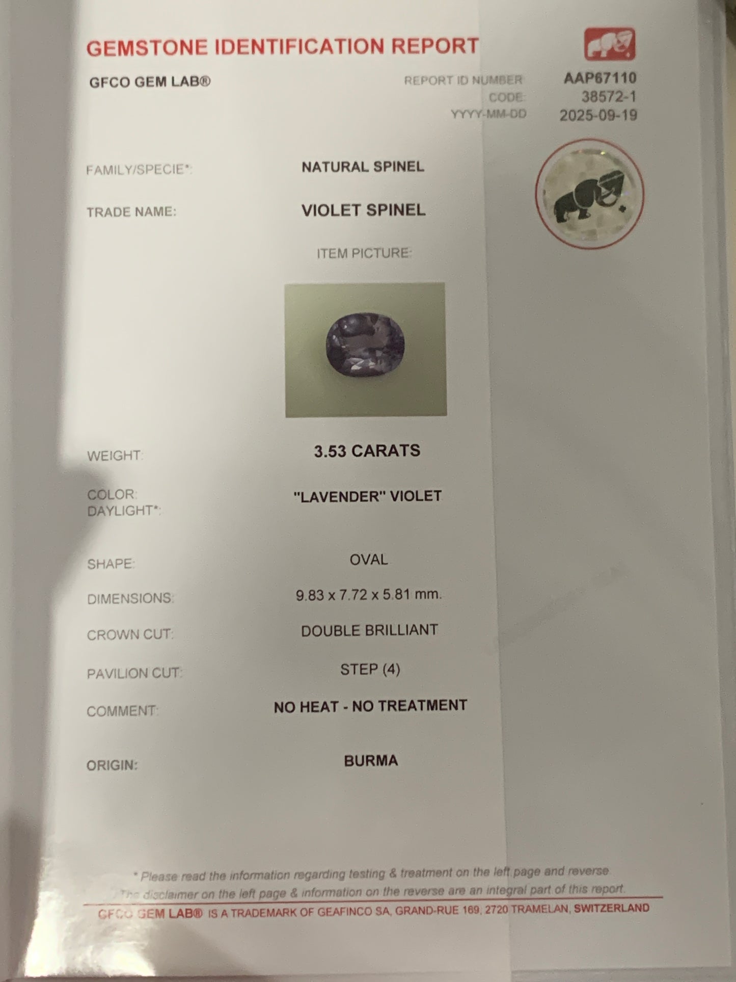 Faceted lavender spinel 18K white golden ring with diamonds