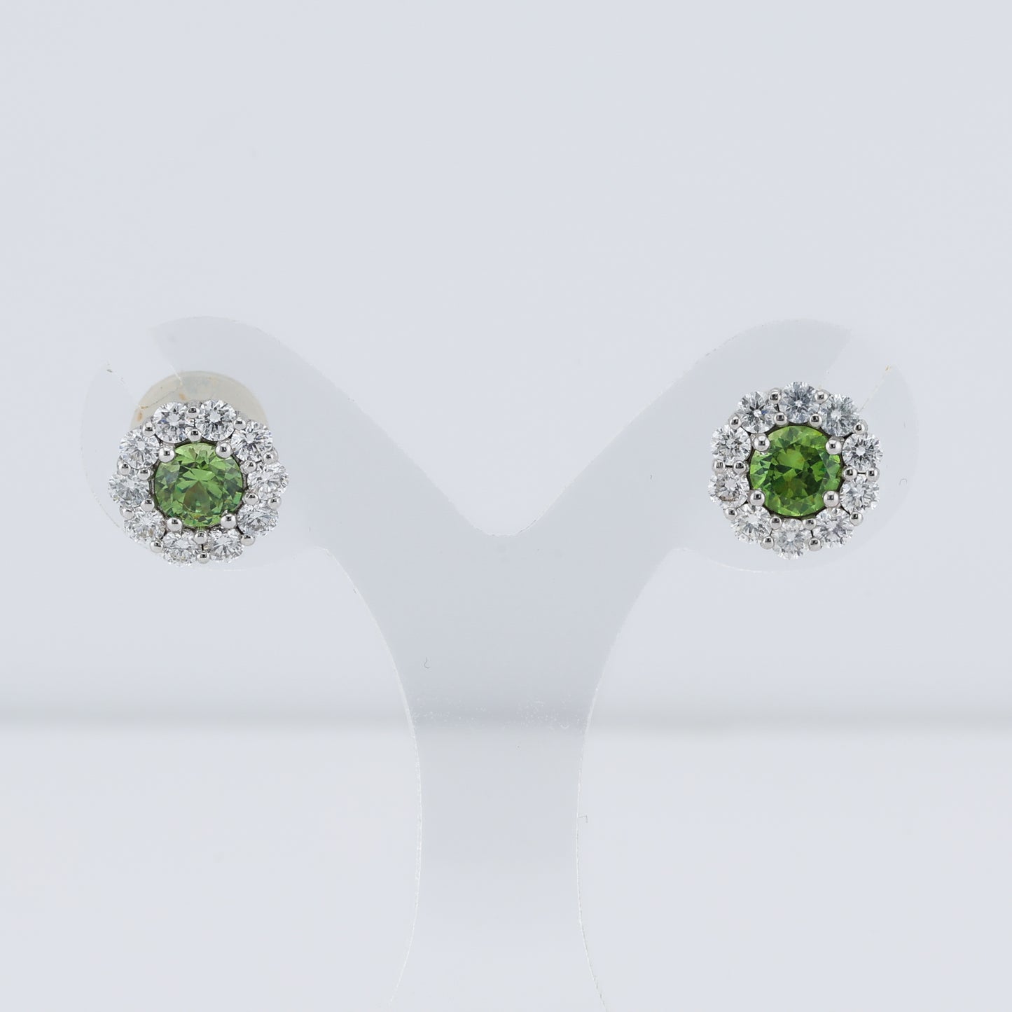 Faceted demantoid garnet white gold with diamonds stud earrings