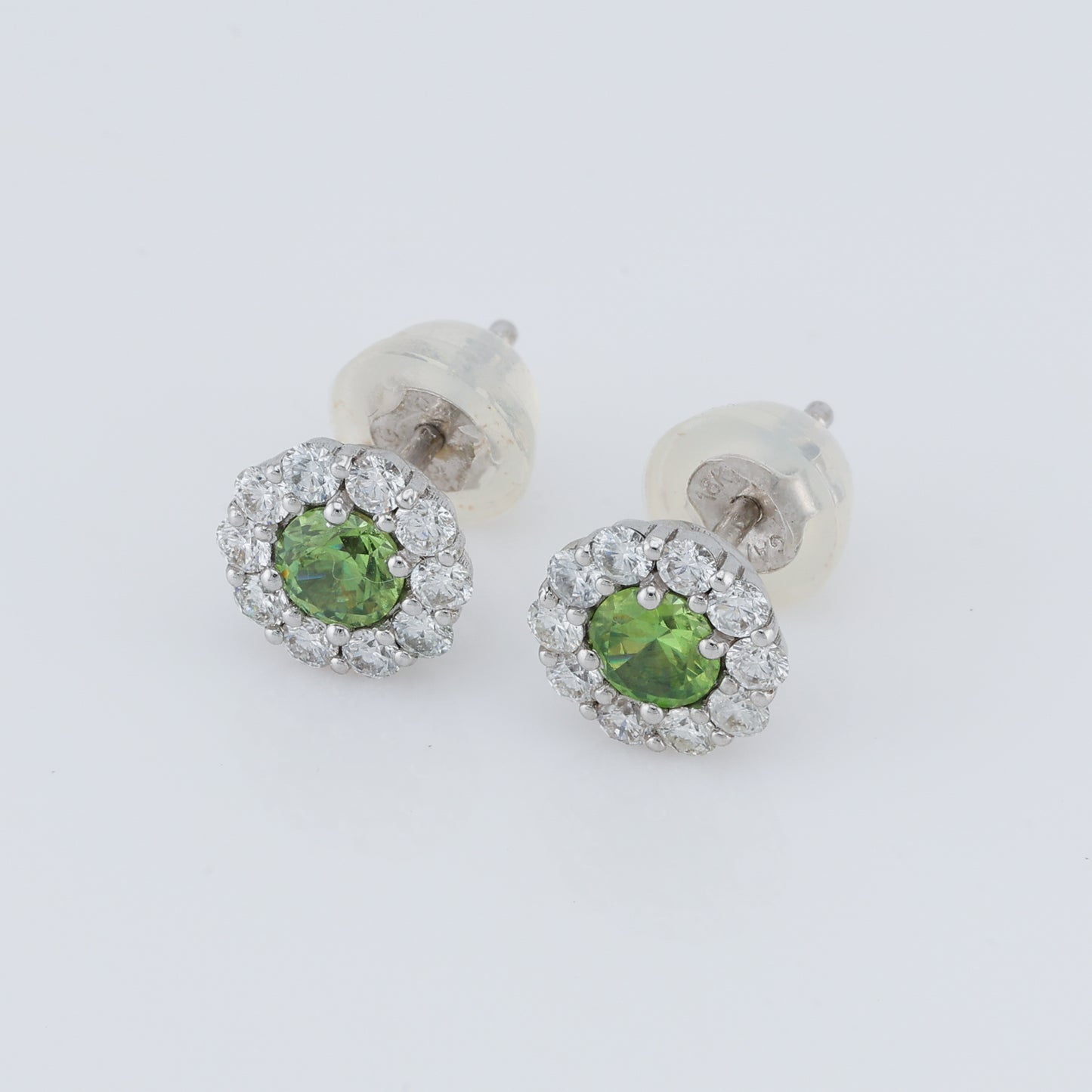 Faceted demantoid garnet white gold with diamonds stud earrings
