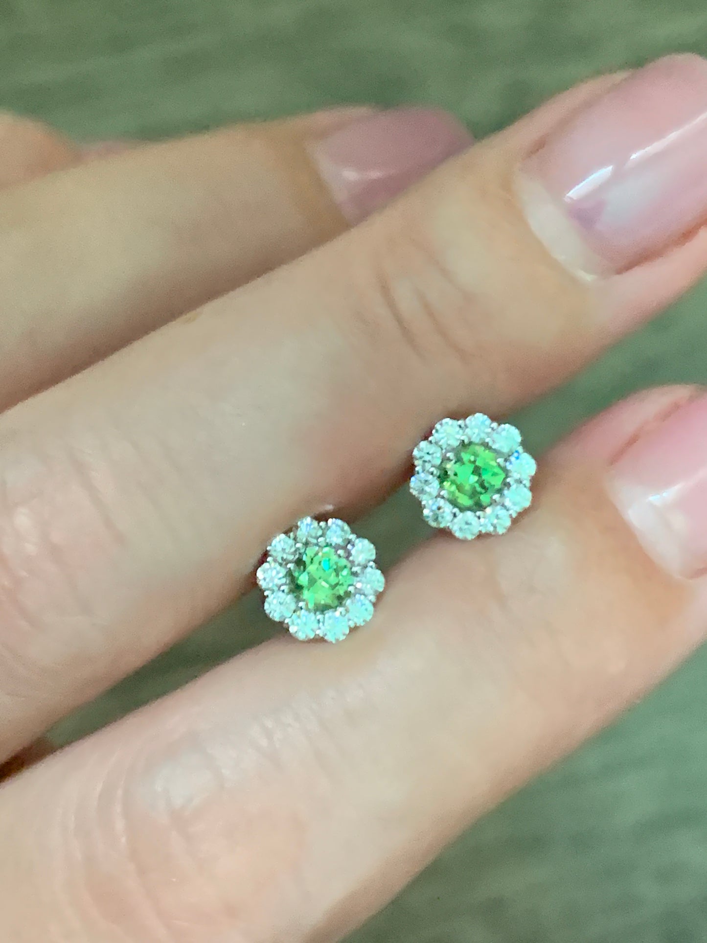 Faceted demantoid garnet white gold with diamonds stud earrings