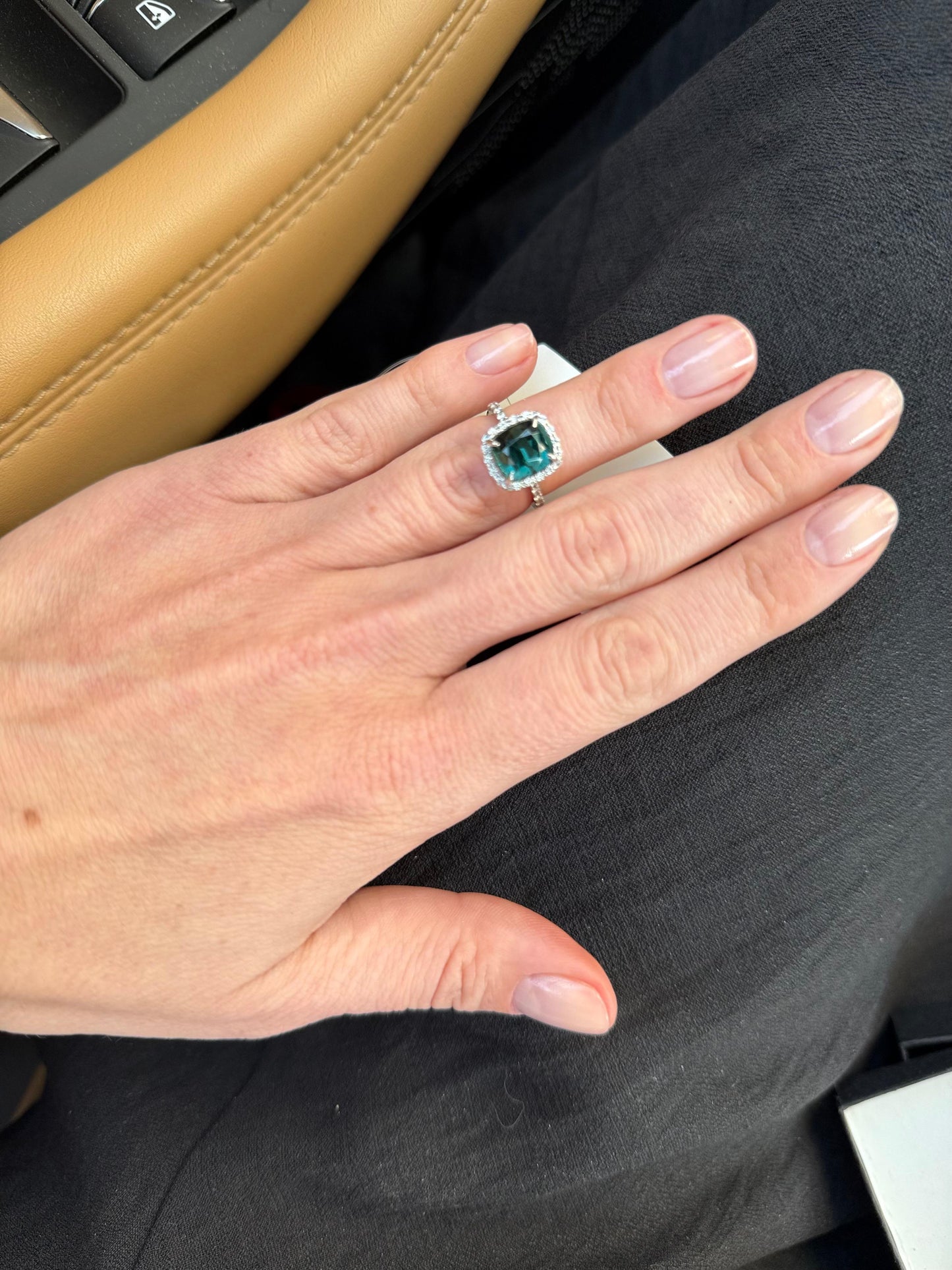 Bluish green faceted  tourmaline diamond golden ring