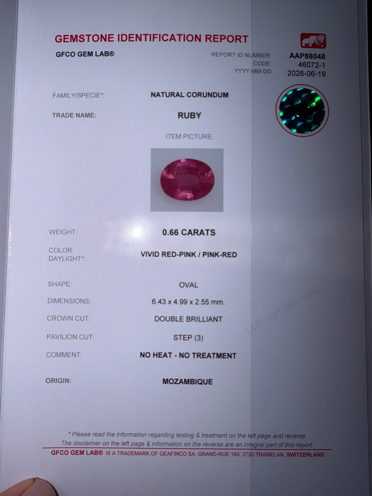 0.66 сt, Vivid red-pink unheated oval ruby