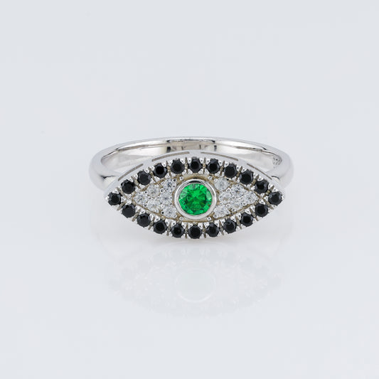 Faceted tsavorite evil eye silver ring