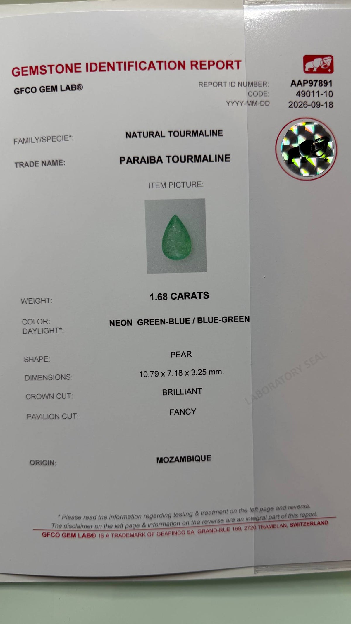 1.68 cts, Faceted Paraiba tourmaline pear shape