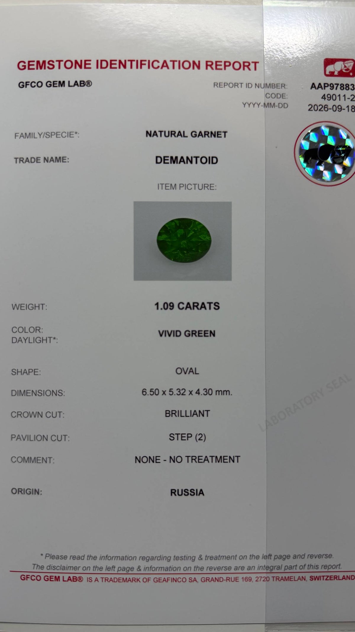 1.09 CTs, Vivid green faceted Russian demantoid garnet