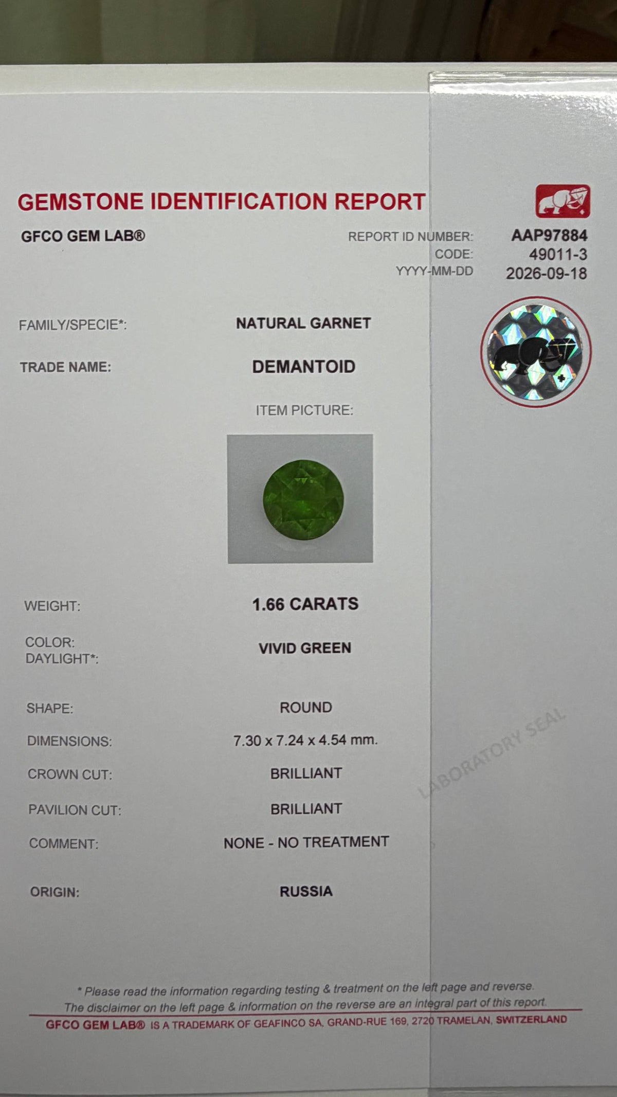 1.66 cts, Vivid green faceted Russian demantoid garnet