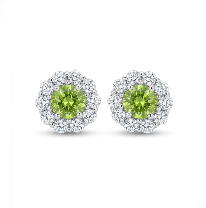 Faceted demantoid garnet white gold with diamonds stud earrings