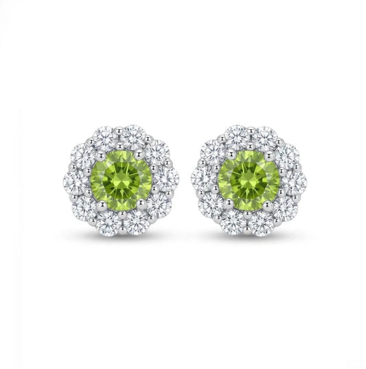 Faceted demantoid garnet white gold with diamonds stud earrings