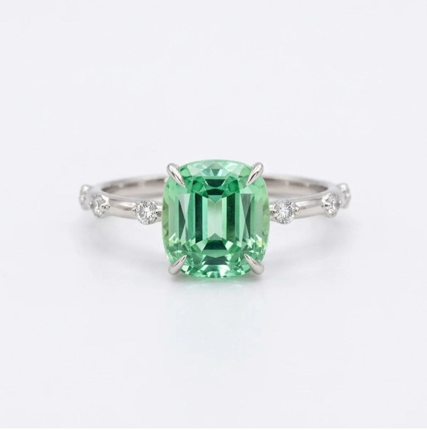 Faceted mint tourmaline diamond band golden ring