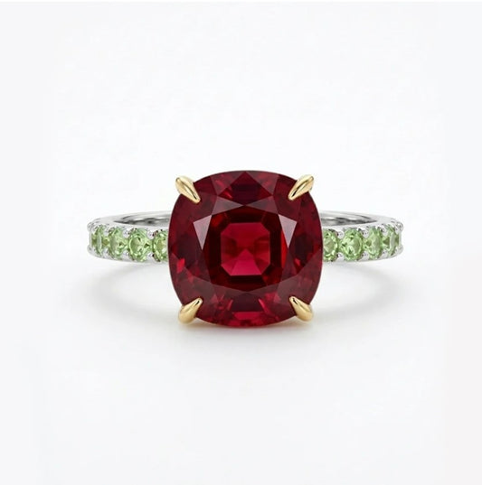 Faceted red garnet demantoid band golden ring