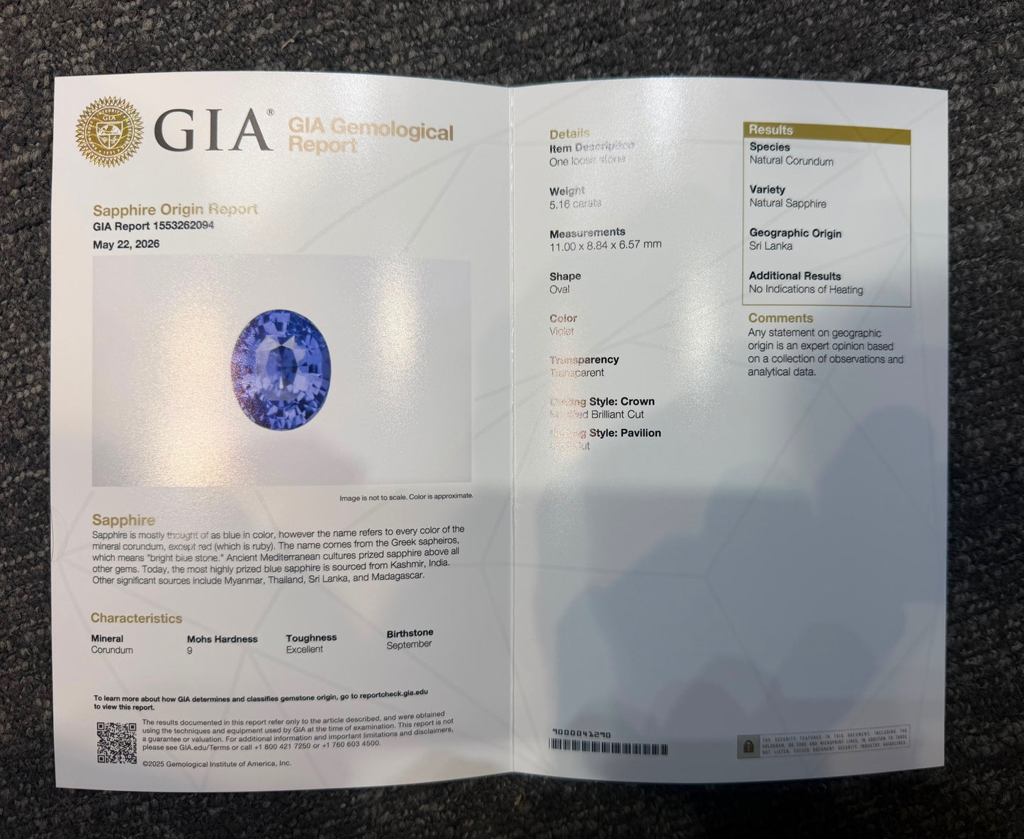 GIA certified, 5.16 Carats, Natural Violet Sapphire, Oval Cut, Sri Lankan Gemstone